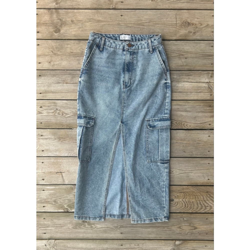 SOLD Love Fire Jean Skirt Size 3 Cargo Front Slit Denim Skirt
